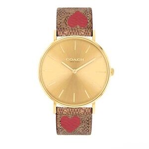NIB Coach Perry Leather Strap Steel Gold Dial Quartz Ladies Watch 14503886